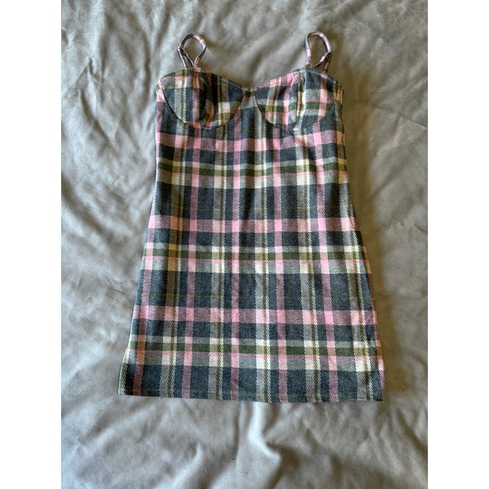 Stitch & Pine Pink Plaid Bustier Mini Dress Grey Green Knit Bodycon Large